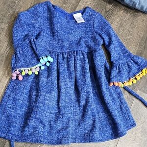 Blue Kids Dress with Colorful Pom-Poms